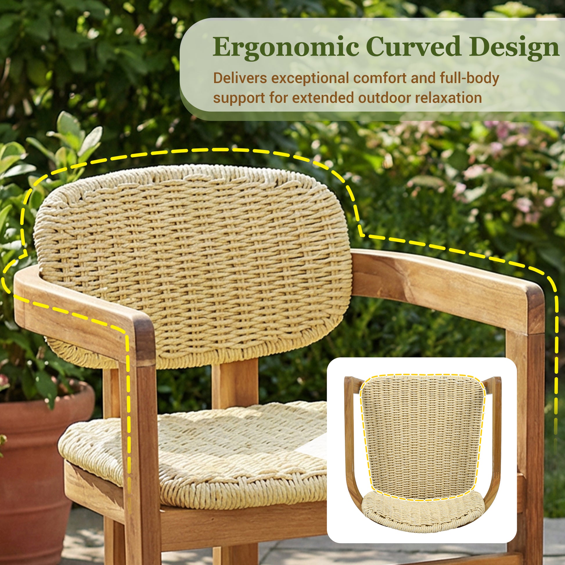 Outdoor Woven Rattan Chair Set Two Accent Chairs Stylish Outdoor Armchairs 2 Person Seating Group Ergonomic Garden Chairs for Patio, Outdoor, Teak Finish+Natural Rattan image 5