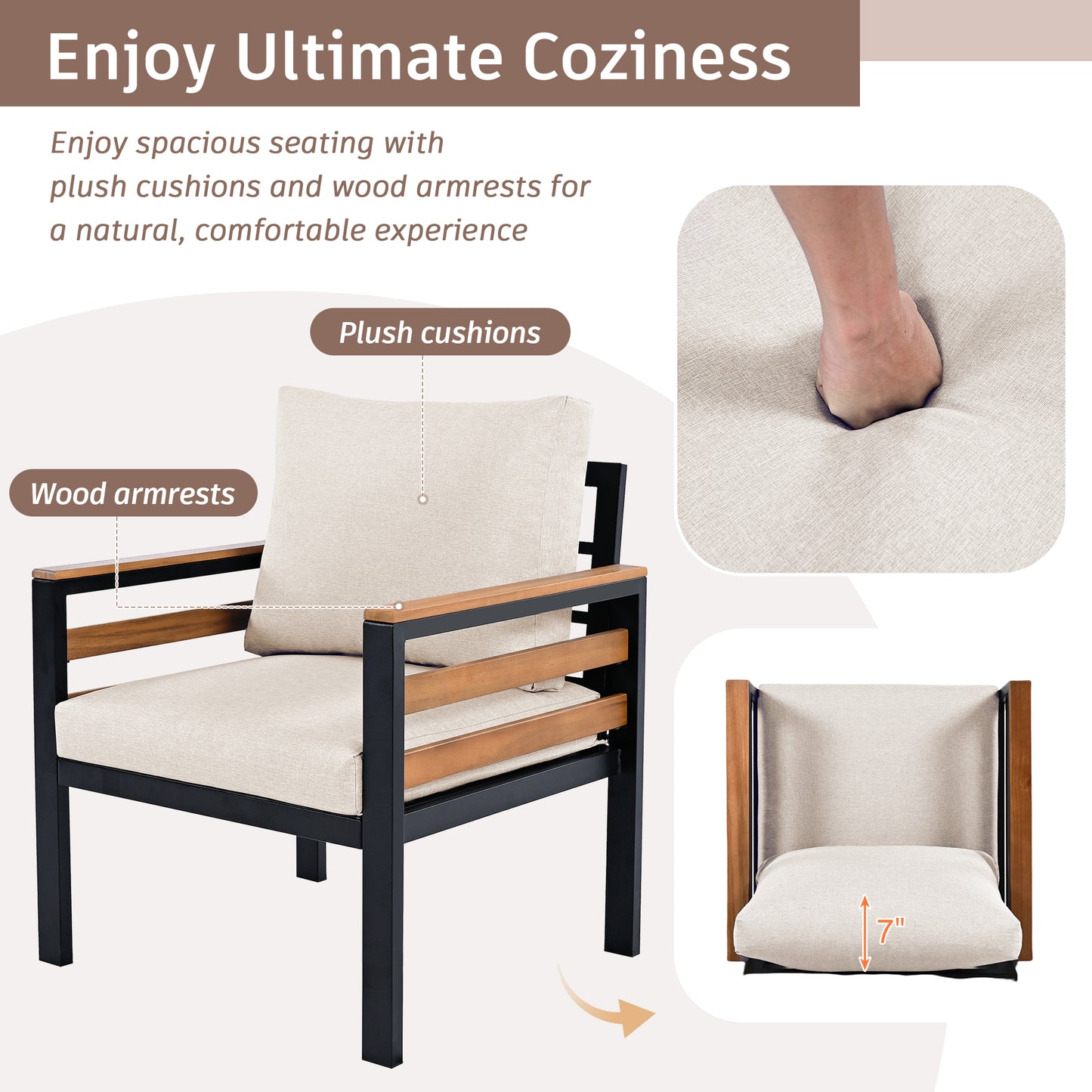 <Old SKU: N704G201246A> GO 4-Piece Outdoor Furniture Sofa Set for 5 People with Acacia Wood Armrests, Patio Conversation Set with Removable Cushion and Solid Wood Coffee Table for Garden,Beige image 5
