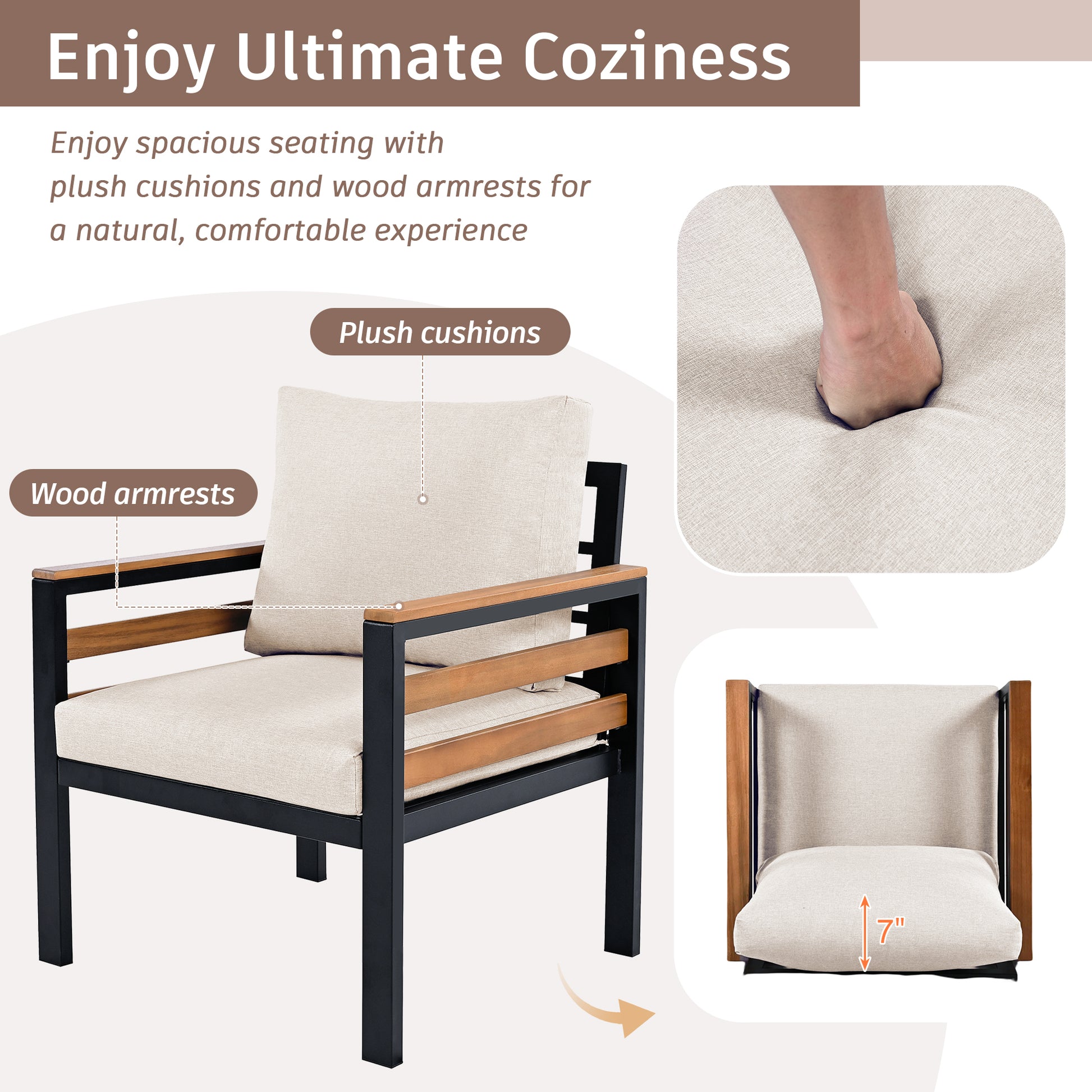<Old SKU: N704G201246A> GO 4-Piece Outdoor Furniture Sofa Set for 5 People with Acacia Wood Armrests, Patio Conversation Set with Removable Cushion and Solid Wood Coffee Table for Garden,Beige image 5