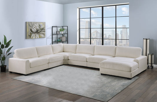 Beige corduroy modular sectional set with LAF chair and corner wedge - front view