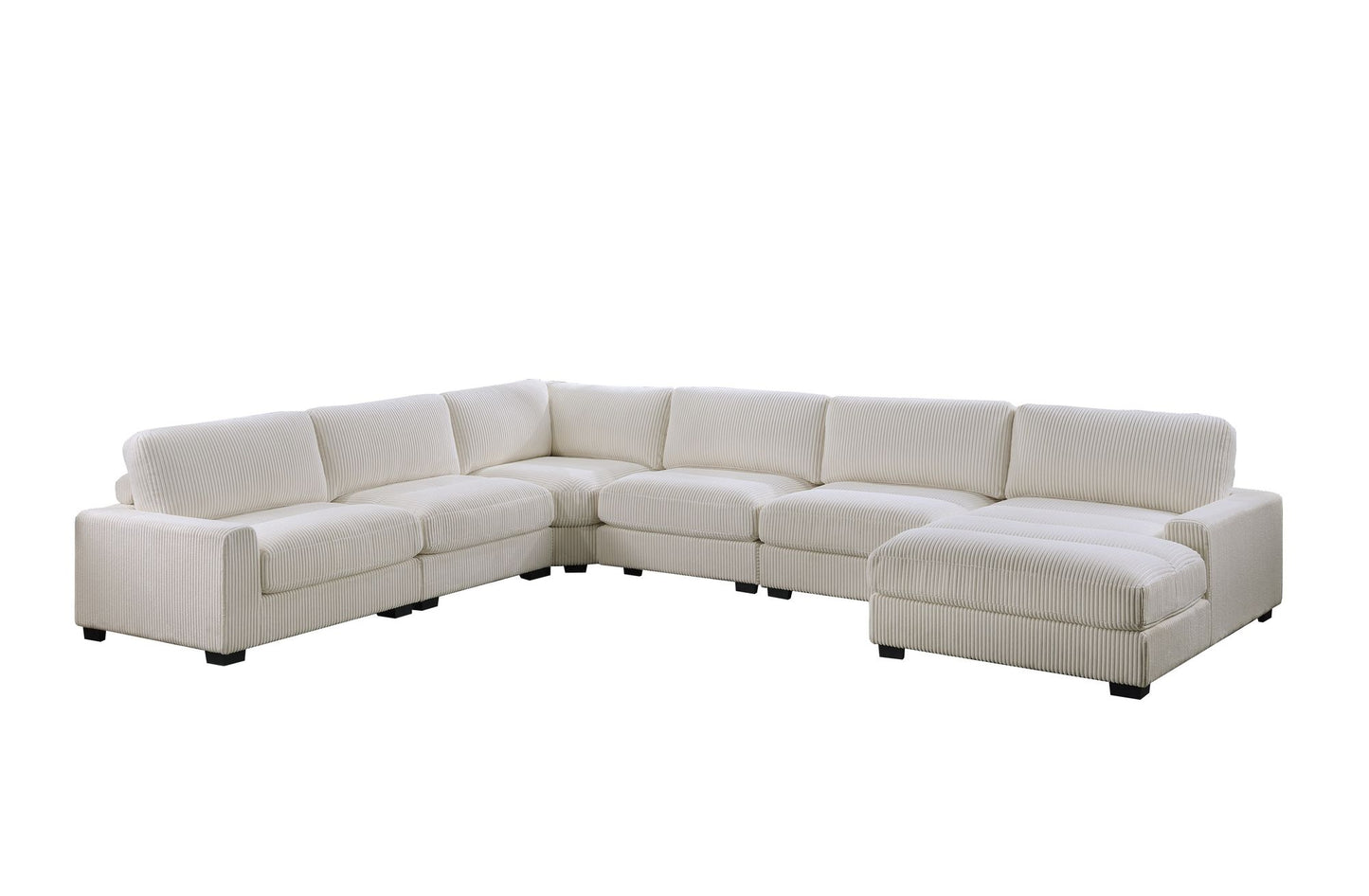 Beige corduroy modular sectional set with RAF chaise and armless chairs - angle view