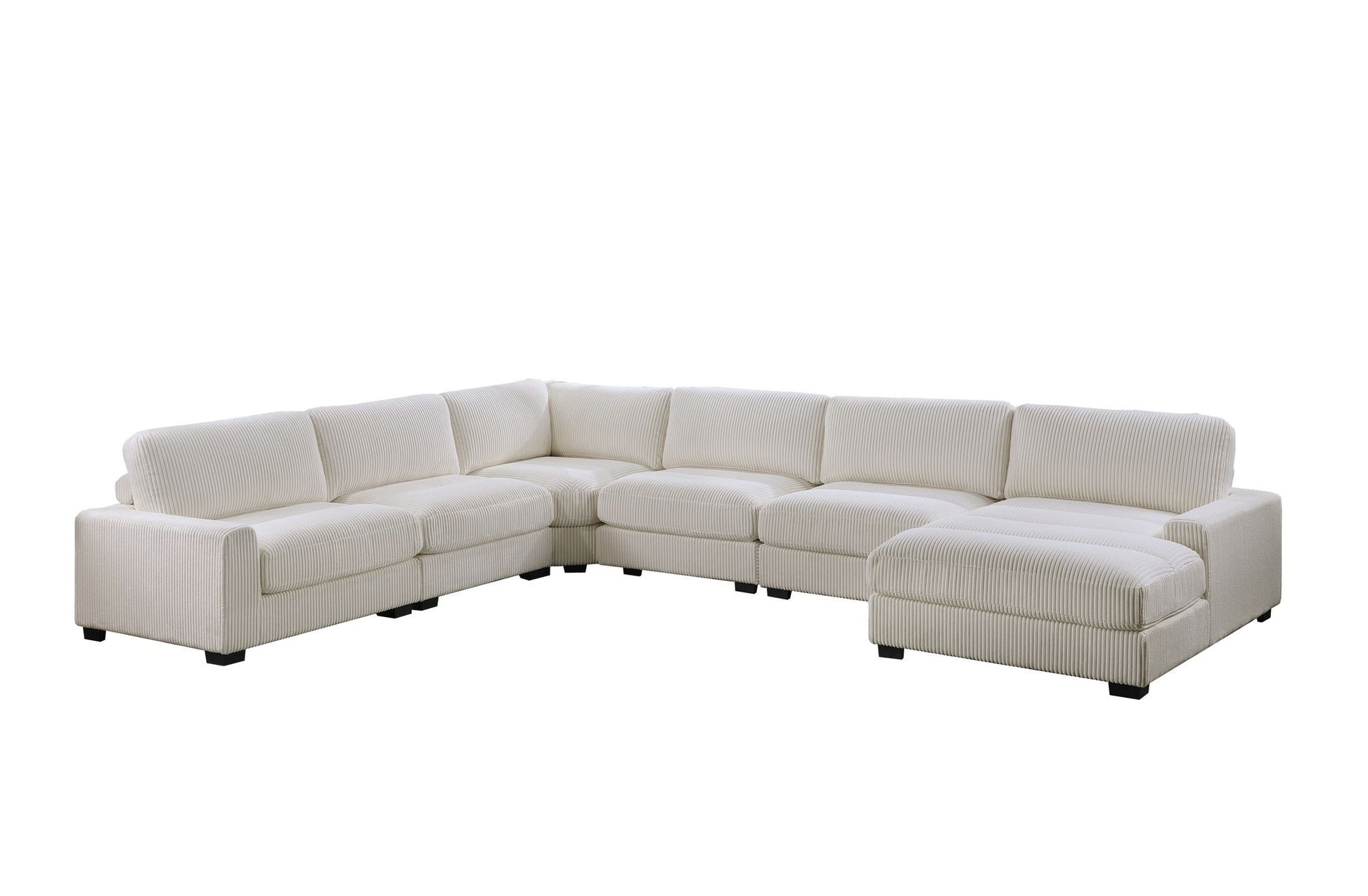 Beige corduroy modular sectional set with RAF chaise and armless chairs - angle view