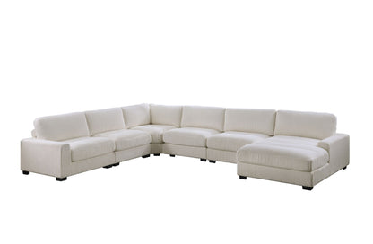 Beige corduroy modular sectional set with RAF chaise and armless chairs - angle view