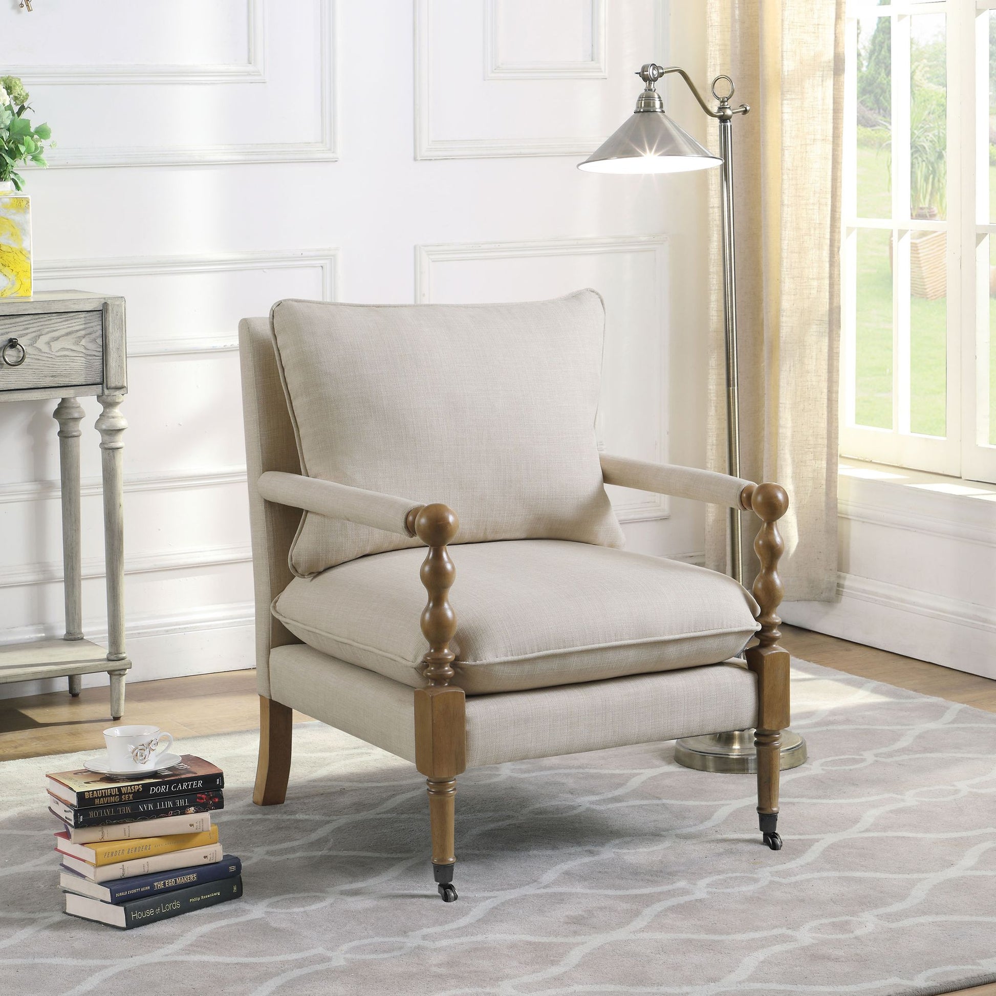 Beige Wooden Accent Chair with Turned Legs image 1