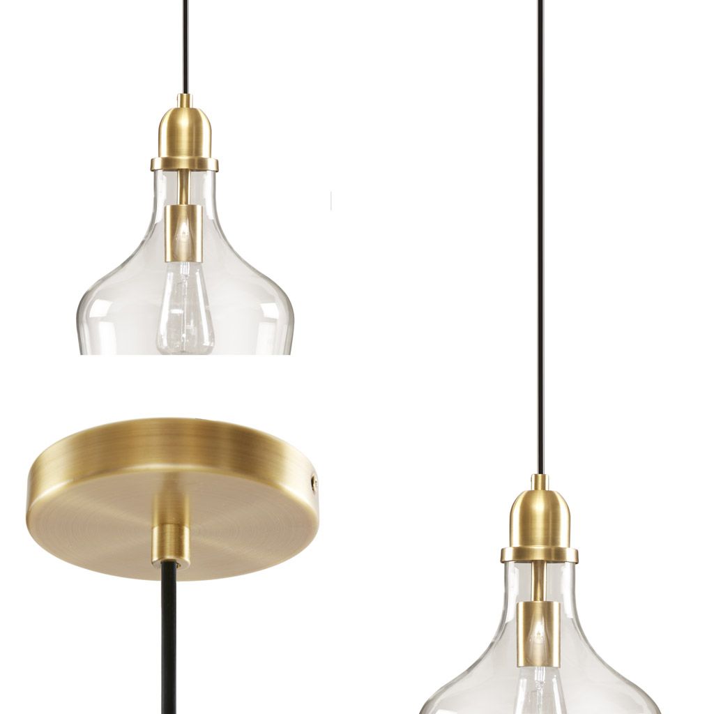 Close up of bell shaped pendant light glass shade and gold base