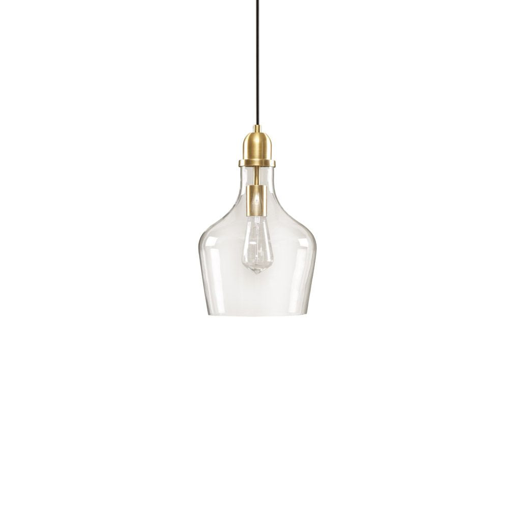 Bell shaped glass pendant light gold metal base side angle