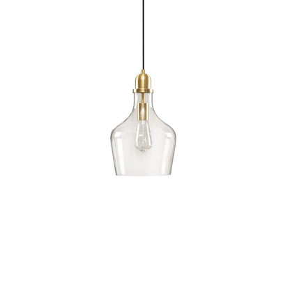 Bell shaped glass pendant light gold metal base side angle
