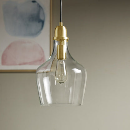 Bell shaped hanging glass pendant light gold clear dia9 inch front view