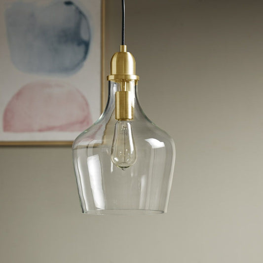 Bell shaped hanging glass pendant light gold clear dia9 inch front view