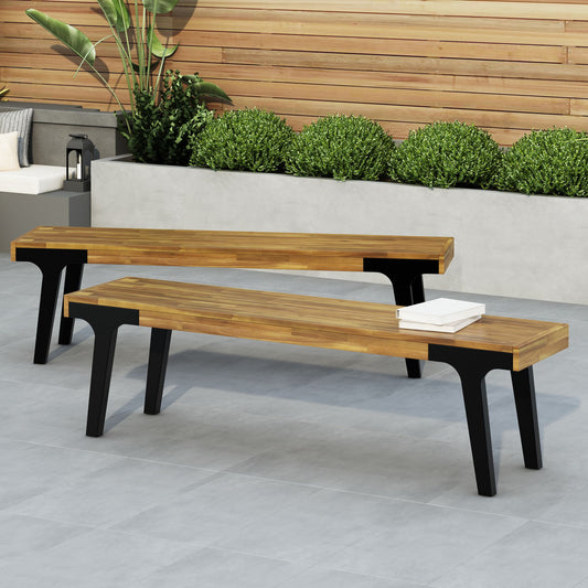 Acacia wood outdoor dining bench set of 2 - front view