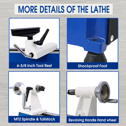 Benchtop Wood Lathe 10" x 18" Wood Lathe Machine 5 Variable Speeds 500/750/1150/1800/3200RPM Mini Wood Turning Lathe for image 4