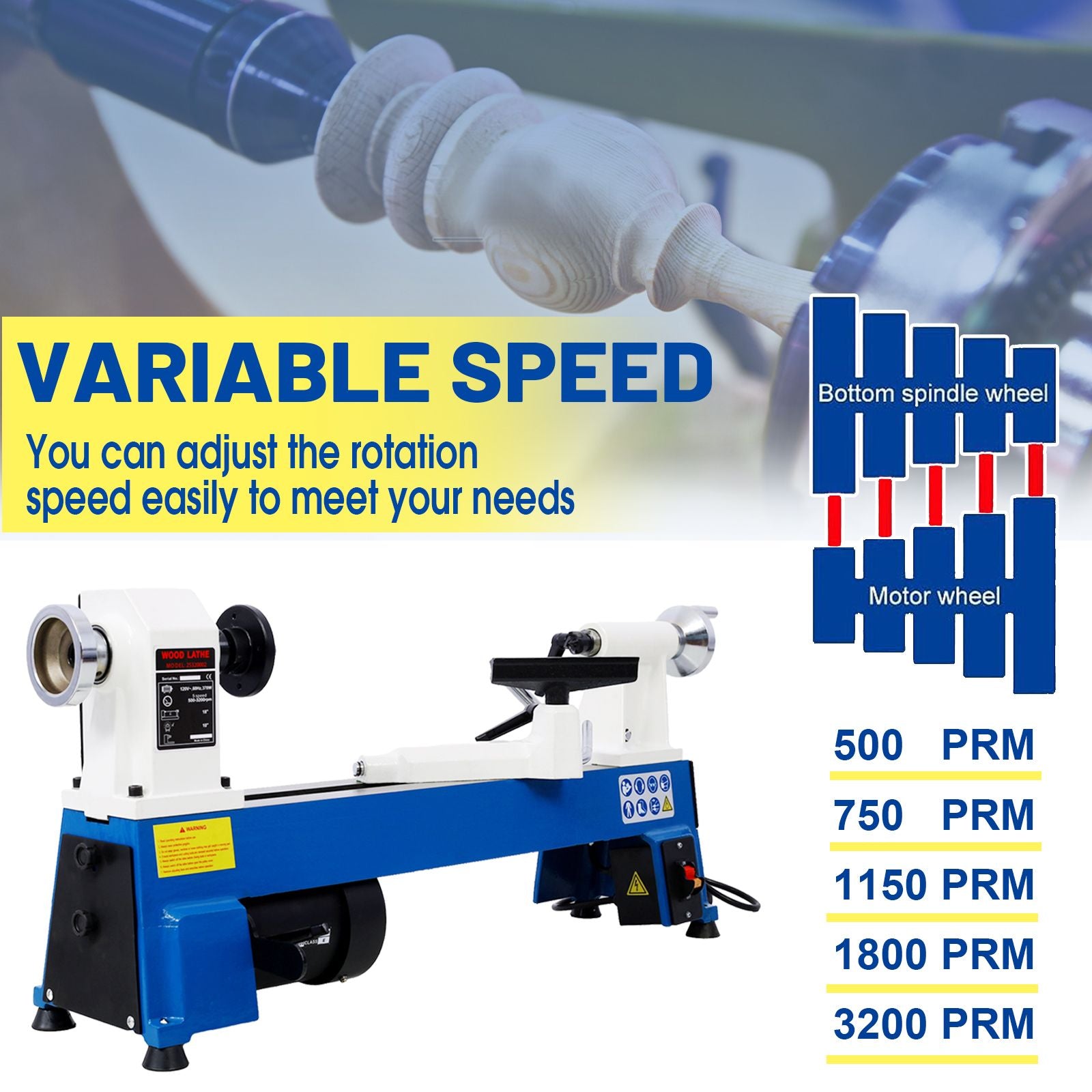 Benchtop Wood Lathe 10" x 18" Wood Lathe Machine 5 Variable Speeds 500/750/1150/1800/3200RPM Mini Wood Turning Lathe for image 5