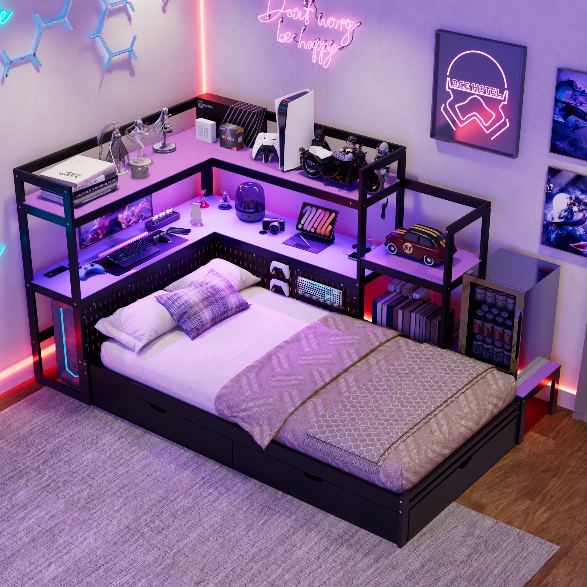 Twin Size Gaming Daybed with Integrated Desk and LED Light, Modern Wooden Bed Frame with 3 Storage Drawers and Built-in Charging Station, Multi-Functional Headboard Bookcase, Black+Purple image 4