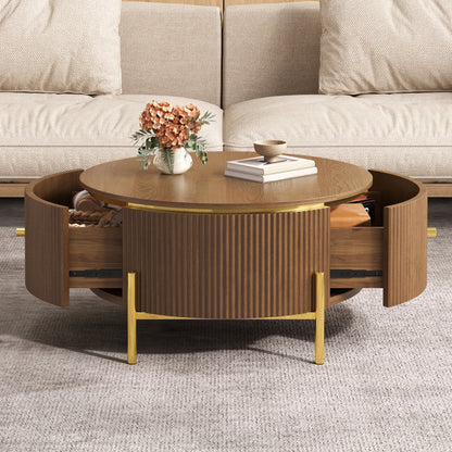 Modern Round Coffee Table with 2 large Drawers Storage Accent Table, Brown, 31.5" image 2