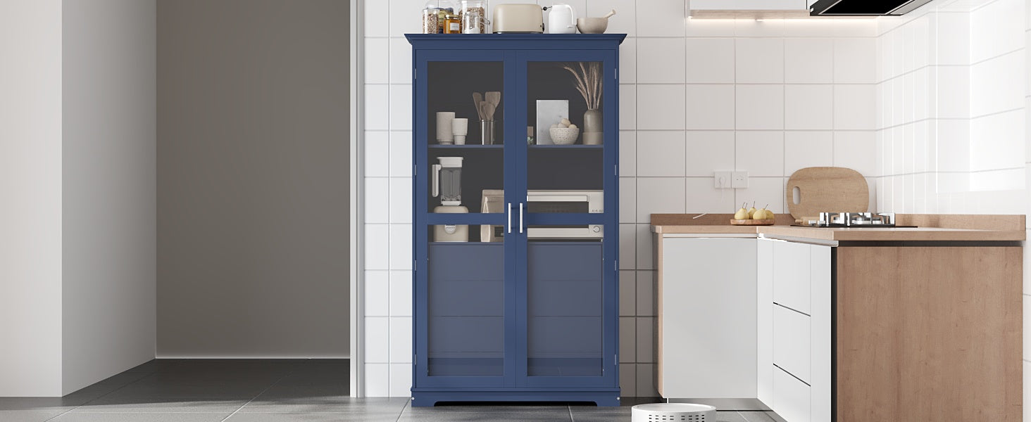TOPMAX 44.7x20x75inch Kitchen Pantry, Freestanding Kitchen Storage Cabinet Display Cabinet with Glass Doors and 4 Built-in Drawers for Living Room, Home Office, Blue image 4