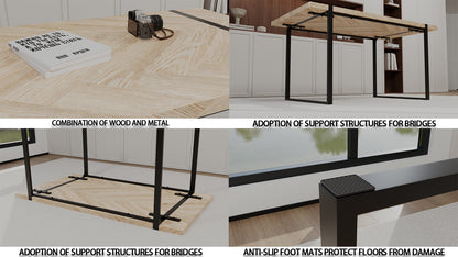 59" MDF light wood dining table and modern dining chair set of 4 pieces, medieval wooden kitchen dining table set, black rectangular metal base, dining table and suede chair set image 12