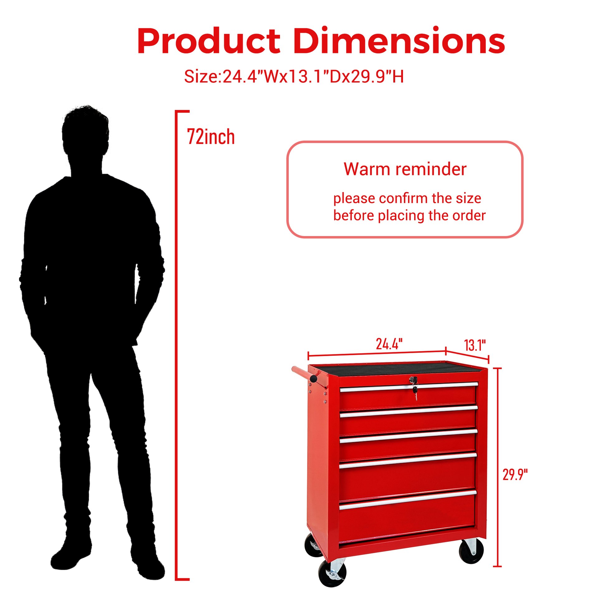 5-Drawer Rolling Tool Chest w/Lock & Key, Tool Storage Cabinet with Wheels, Top Cushion & Drawer Liners, Tool Organizer Box for Garage, Warehouse & Repair Shop-RED image 4