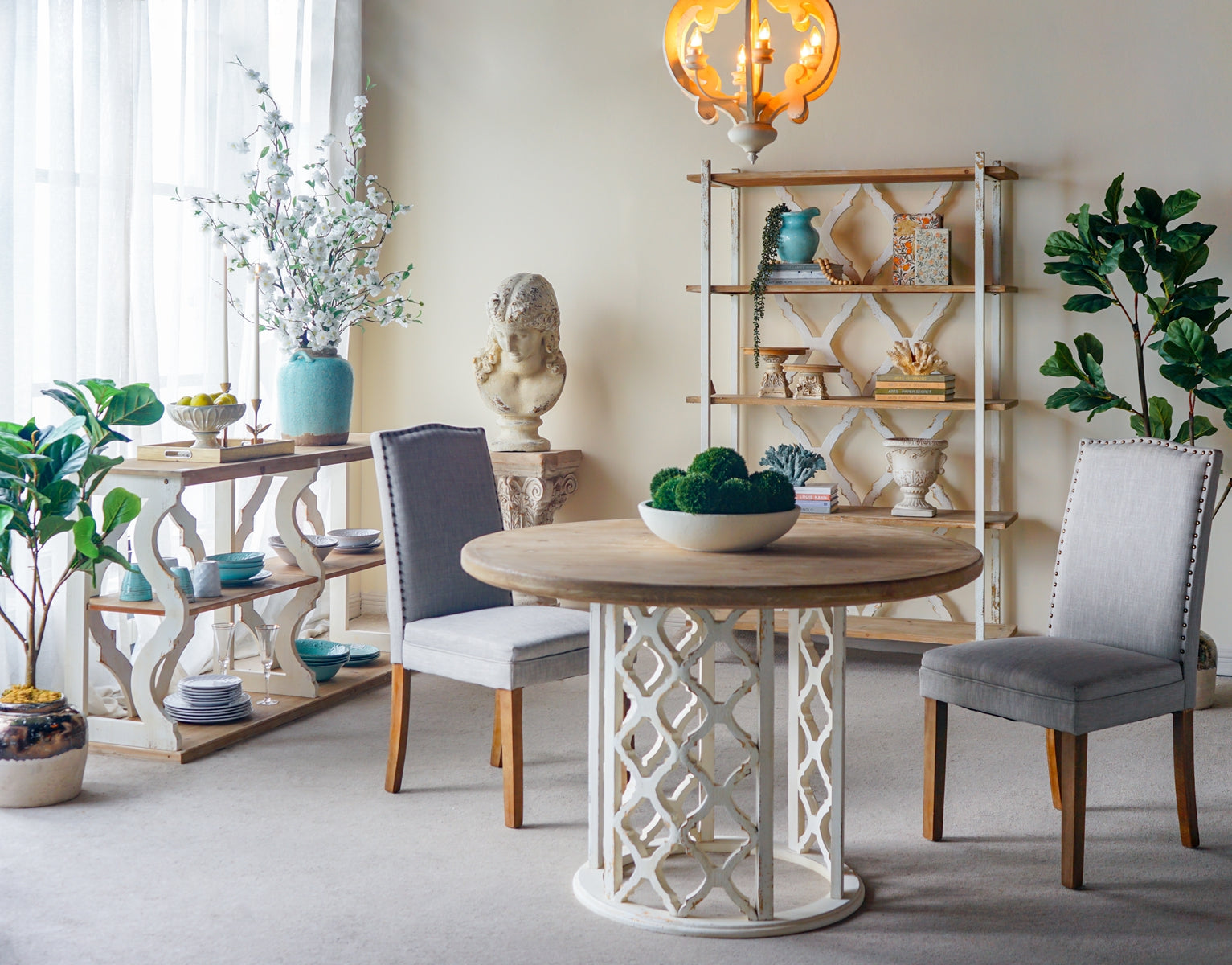 64.2x16.5x33.5" Three-Tiered Wooden Console Table with Cut-Out Patterns, Brown/White image 10