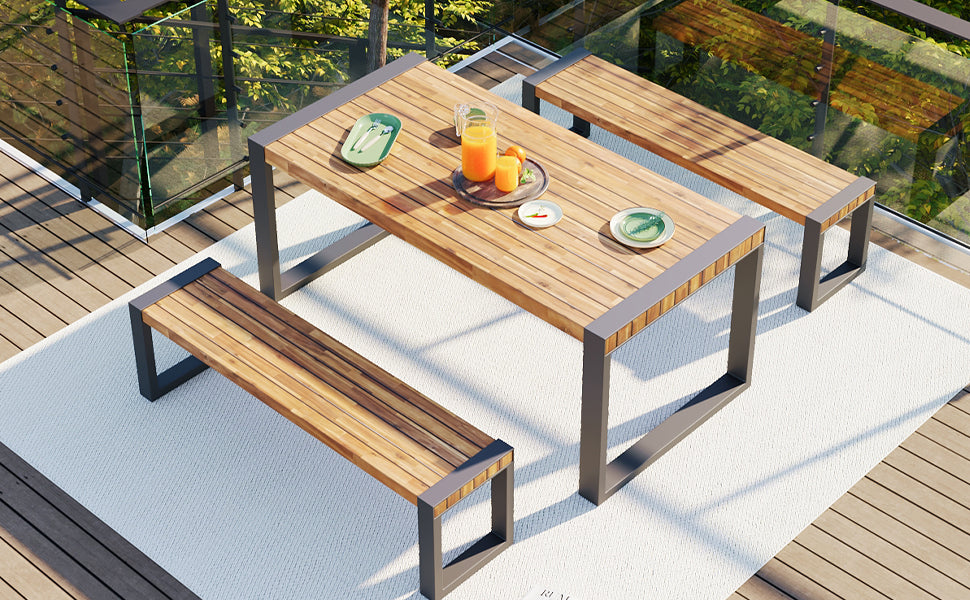 <Old SKU: FG201232AAA> GO 3-pieces Outdoor Dining Table With 2 Benches, Patio Dining Set With Unique Top Texture, Acacia Wood Top & Steel Frame, All Weather Use, For Outdoor & Indoor, Natural image 9