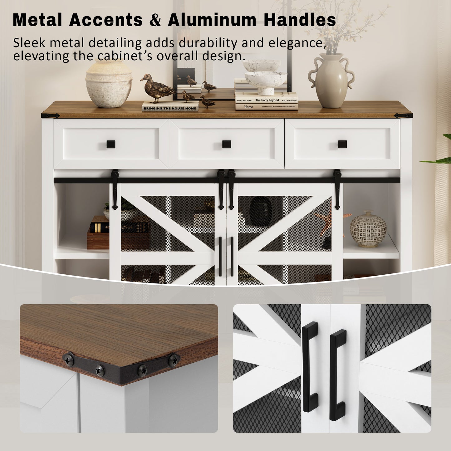U_Style 55'' Sliding Barn Door Sideboard Buffet Cabinet with 3 Drawers, Adjustable Shelves, Metal Mesh & Particleboard Doors, Aluminum Handles, Industrial Storage for Living or Dining Room image 7
