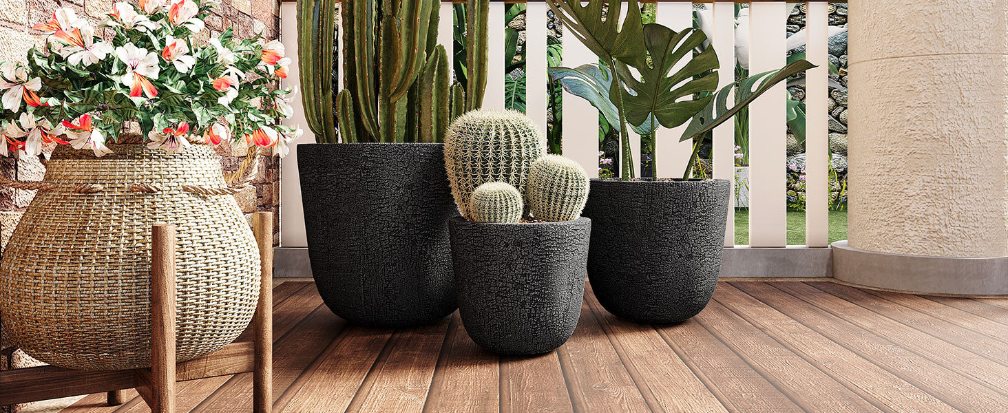 U_STYLE Lightweight MGO Planter Set of 3,16.93"+13.78"+11.02" Dia Round Concrete Stackable Flower Pots with Drainage Holes and Rubber Plug,Crackle Stone Texture for Patio Garden Balcony Indoor Outdoor image 3
