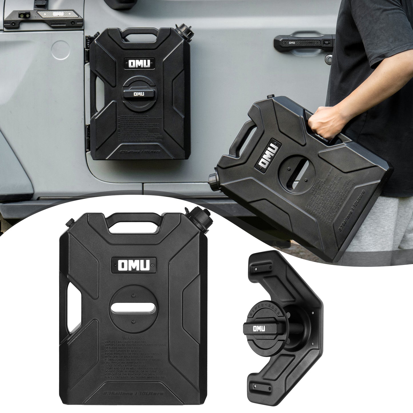 OMU 2.64 Gallon/10L Door Hinge Gasoline Container and Mount Set Compatible with 2007-2026 Jeep wrangler JK JL JT, Gasoline Pack Mount Backing Plate with Snapin Spout Backup Petrol Water Storage Can image 1