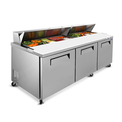 Orikool 72 IN Commercial Refrigerators Sandwich&Salad Prep Table with a Butcher Block Cutting Board, Protection Lid, Cold Storage, ETL Certified image 1