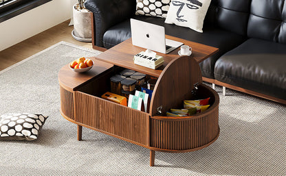 U-Can Minimalist Oval Lift-Top Coffee Table with Hidden Storage and Wood Wave Grain Finish image 3
