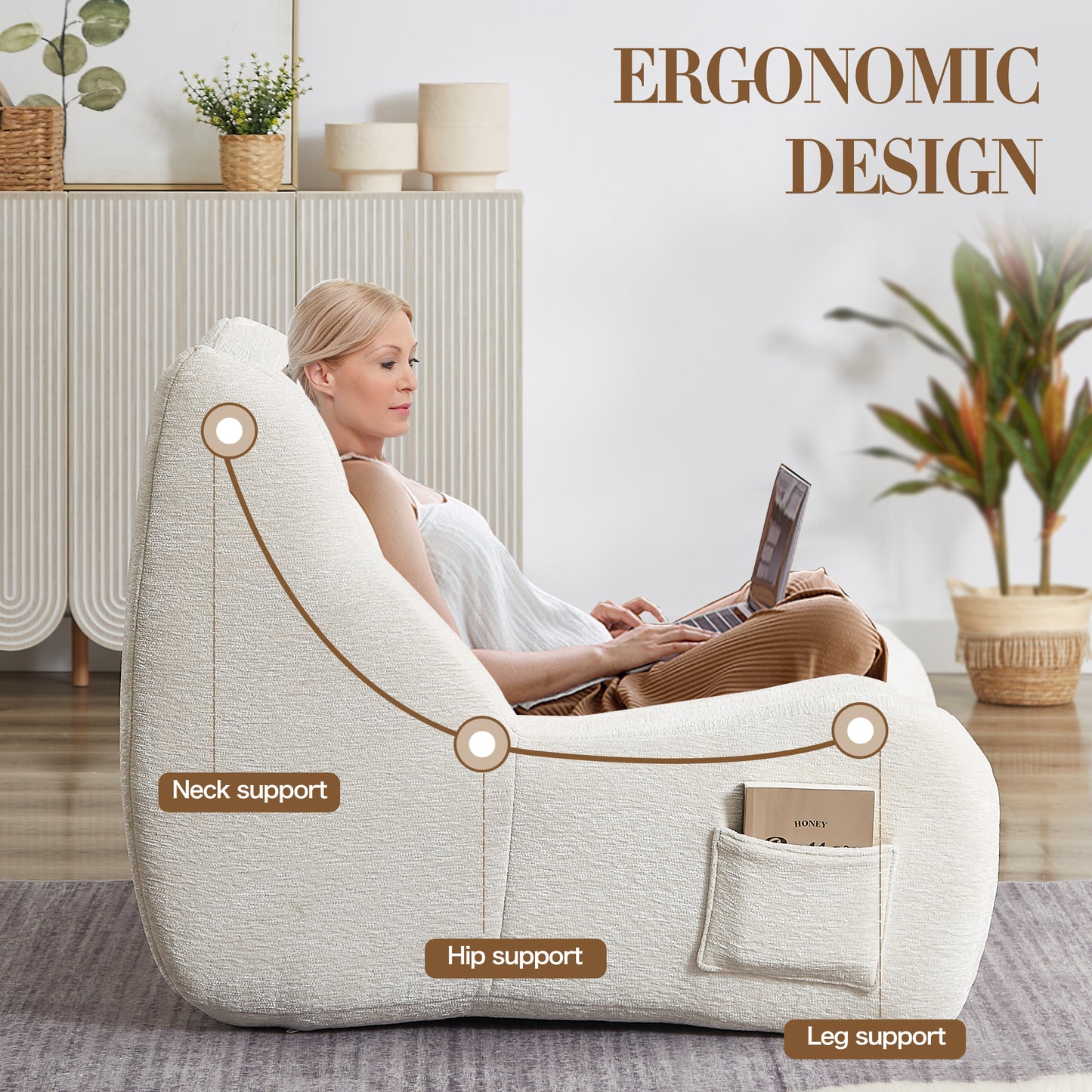 Bean Bag Chair for Adults with Armrests - Oversized Comfy Beanbag Lounge Lazy Floor Sofa Accent Chair for Living Room, Bedroom image 5