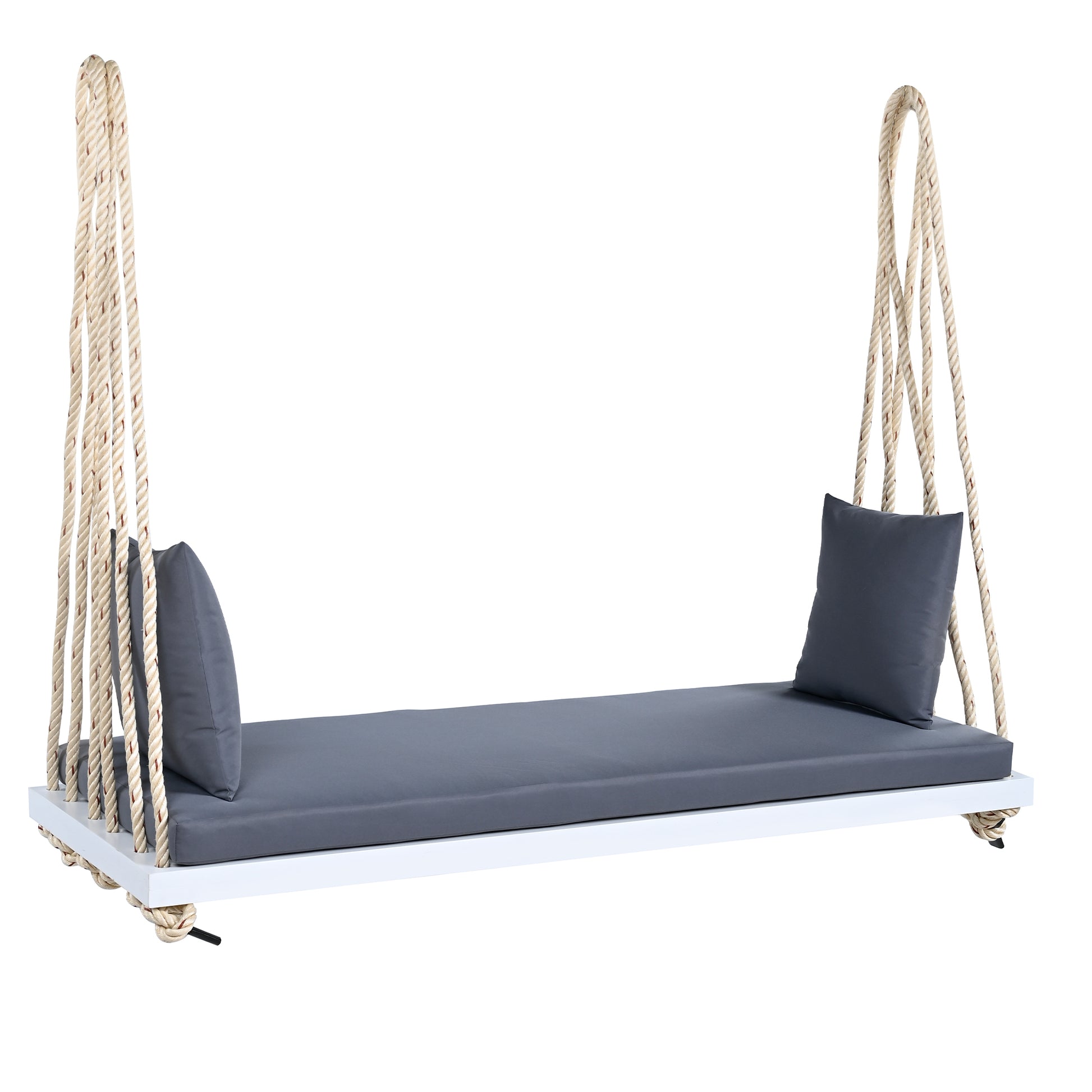 TOPMAX Patio Wooden Swing Chair, Hanging Porch Swing Bench with Cushion&Pillows, 10.8Ft Hemp Ropes for Garden,Backyard, Lawn,White image 9
