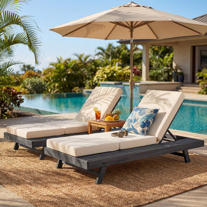 Lounge Chaise Set, Space Available On One Side, Acacia Solid Wood In Black With Lounge Cushion (Cream & Triple Fold) – Matching Dark Grey Version Available image 6