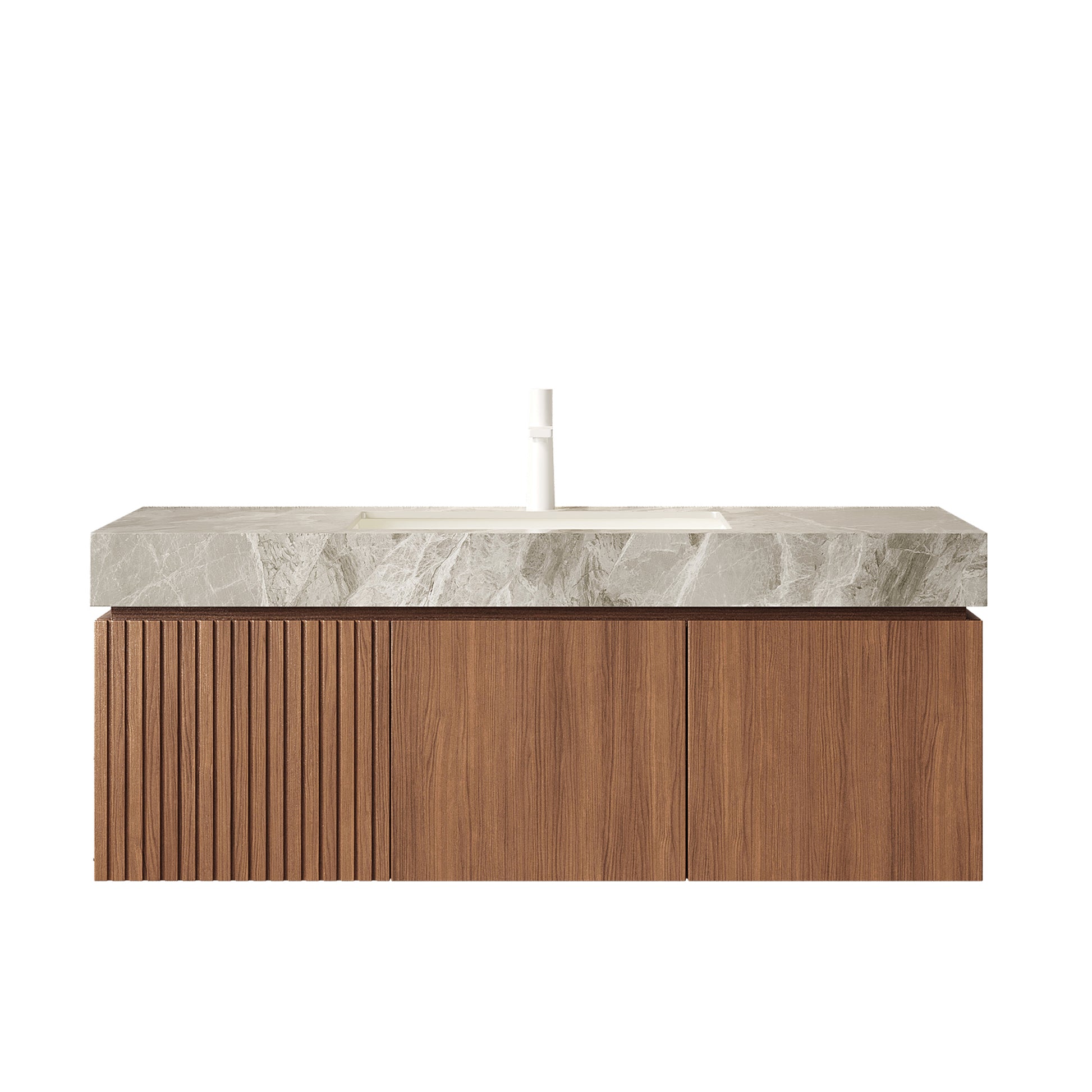 MURI 48" Bathroom Vanity&Sink, Floating Plywood Storage Cabinet with Drawer&Doors, Light Gray Sintered Stone Top&Ceramic Basin with 1 Pre-drilled Faucet Hole, Pre-assembled, Brown Oak Woodgrain Color image 3