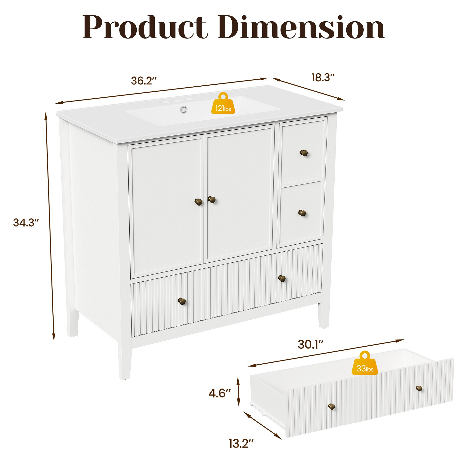36'' Bathroom Vanity with Sink Set, Bathroom Storage Cabinet with Doors and Drawers, Modern Vanity Sink Cabinet with Painted Surface, White image 2