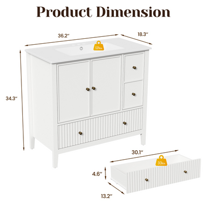 36'' Bathroom Vanity with Sink Set, Bathroom Storage Cabinet with Doors and Drawers, Modern Vanity Sink Cabinet with Painted Surface, White image 2