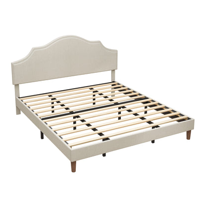 King Size Bed Frame Upholstered Platform Bed with Adjustable Headboard,Linen Fabric Padded,Modern Simple Style Platform Bed No Box Spring Needed, Easy Assembly, Beige image 7