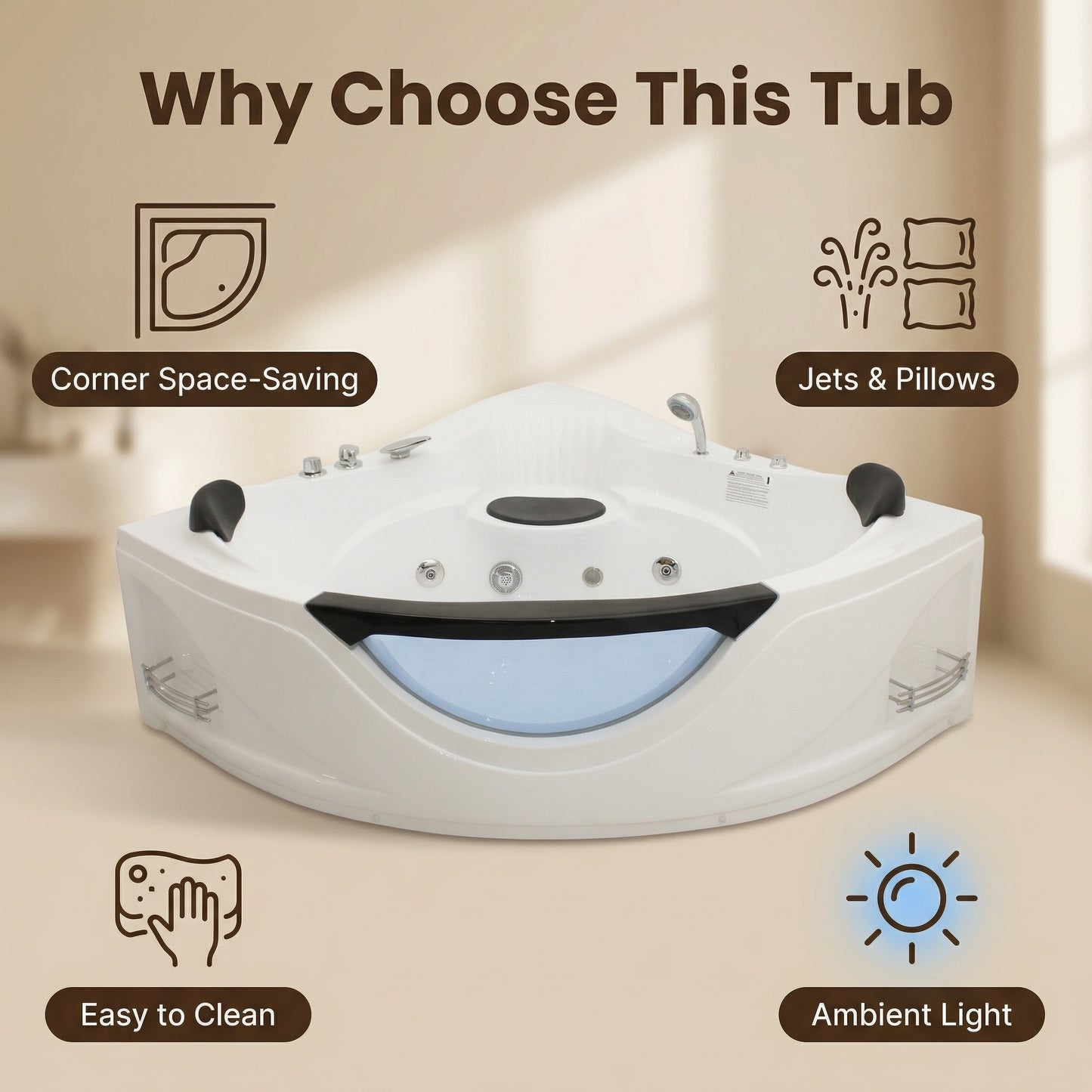 59" Corner Whirlpool Bathtub for 2-Person, Luxury Jetted Spa Tub with 6 Hydro Massage Jets, Chromatherapy LED Lights &Pneumatic adjust system, UL Certified water pump,UPC Certified drainer image 6