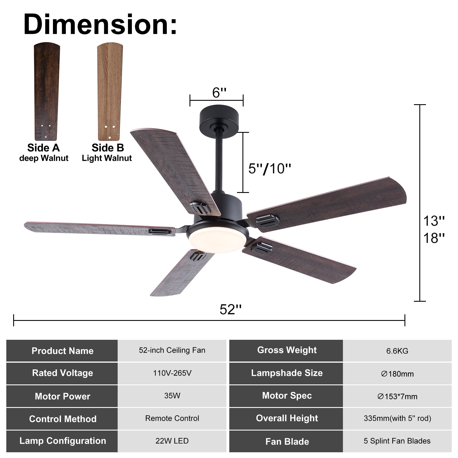 52 inch Black Ceiling Fans with Lights and Remote, Indoor/Outdoor Modern Ceiling Fan for Bedroom Living Room Patio, 6 Speed Reversible Quiet DC Motor, 3 CCT, Dual Finish Blades image 12