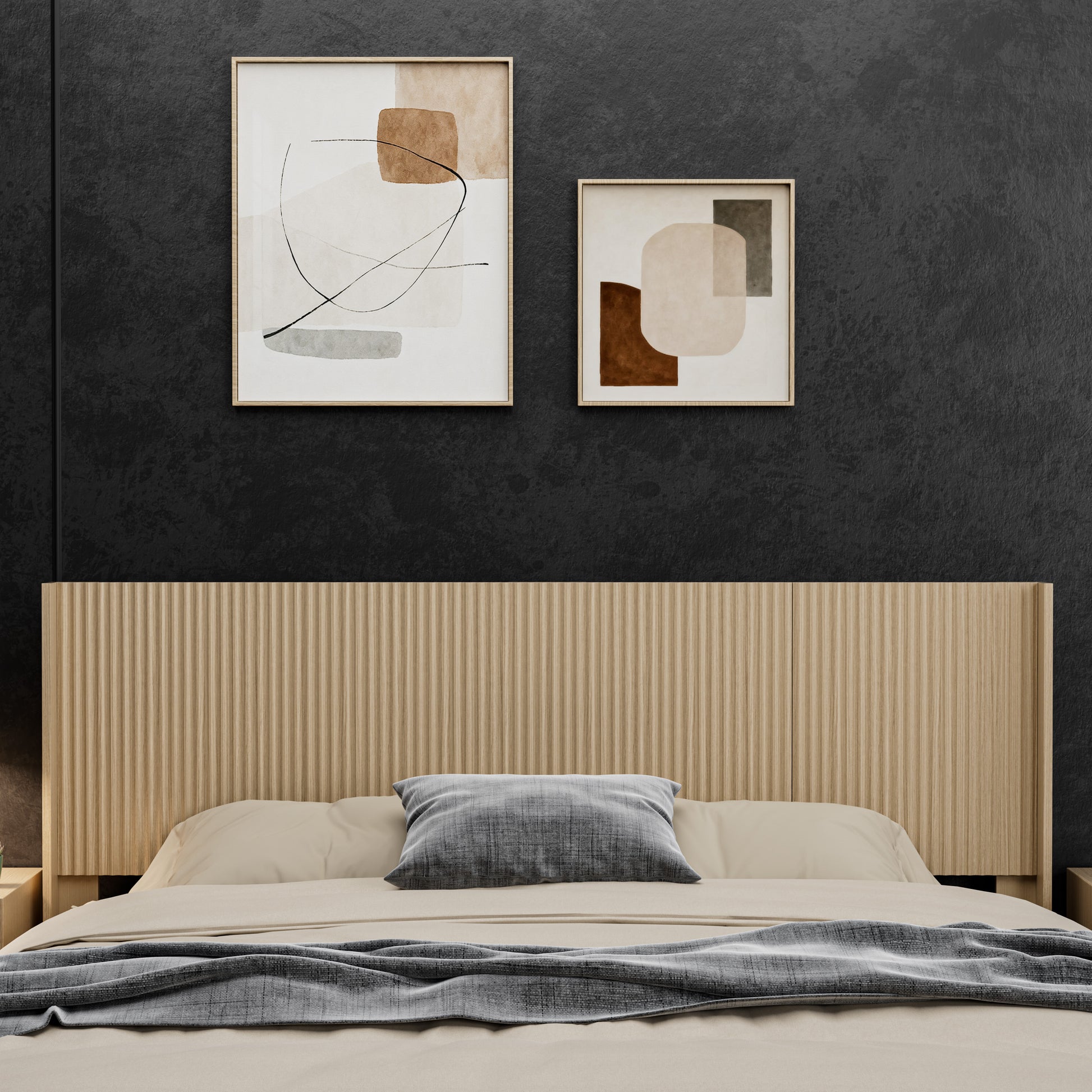 Modern Farmhouse Wood Headboard King Size 80.2 in Wide Wall Mounted Fluted Panel Wingback - Natural oak image 2