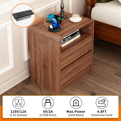 25" Tall Modern Nightstand with Charging Station, 23.6'' Wide Wood Bedside Table w/2 Storage Drawers, Large Mid Century End Table for Bedroom, Living Room, Curved Profile Design (WALNUT) image 6