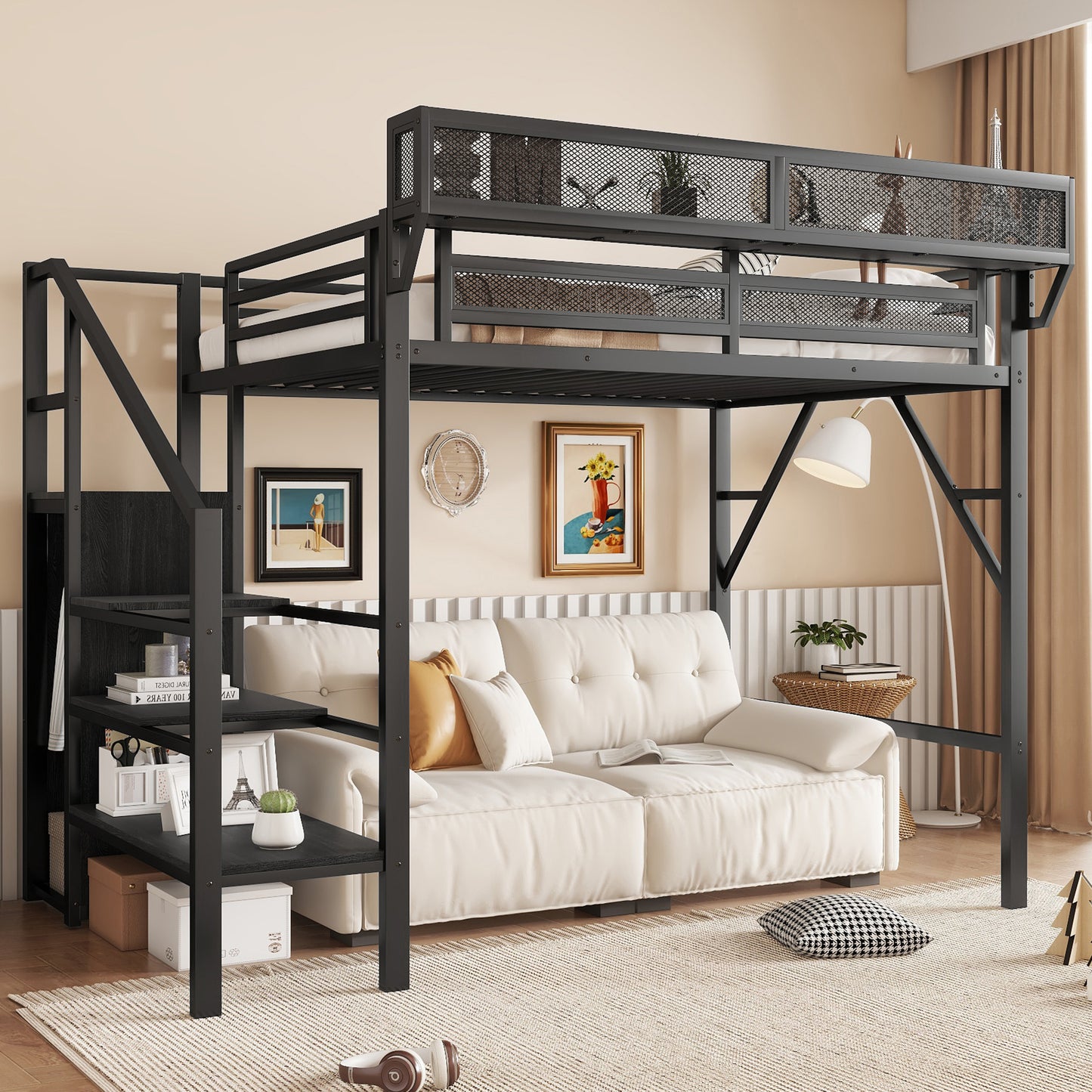 Twin Size Loft Bed with Stairs, Metal Full Loft Bed with Storage Shelves, High Loft Bed with Wardrobe for Kids Teens, Black(OLD SKU W2580S00035) image 2
