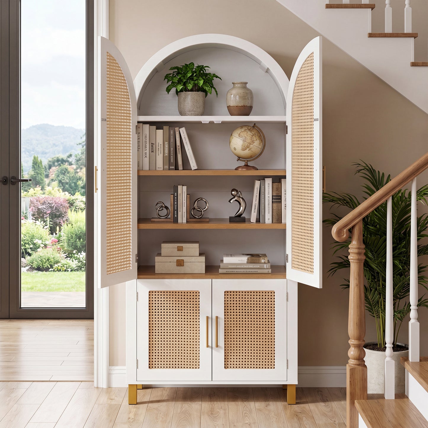 71" Tall Arched Cabinet with Rattan Doors & Adjustable Shelves,4 Doors Modern Farmhouse Storage Cabinet with Built-in Racks for Kitchen, Dining Room, Study, White image 3