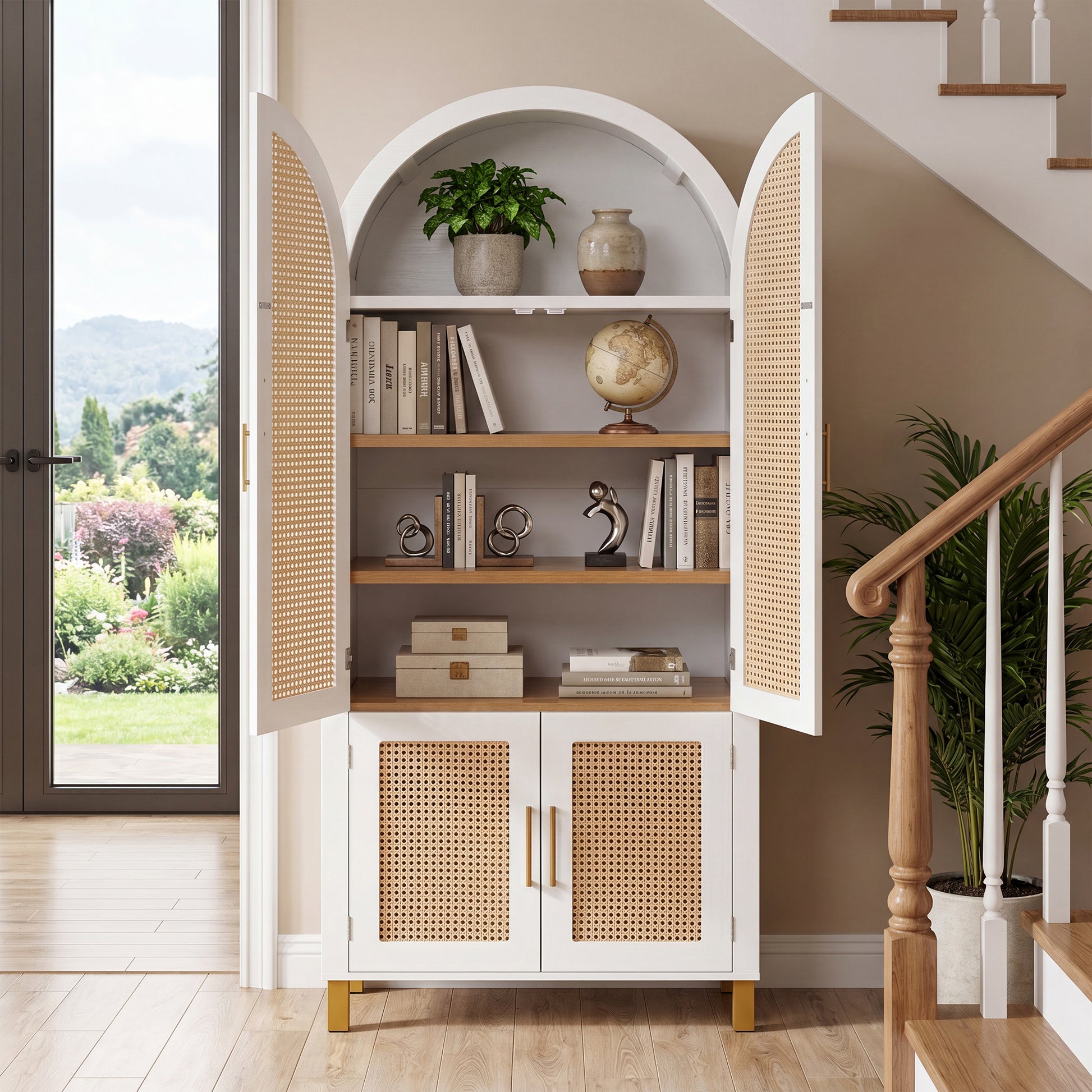 71" Tall Arched Cabinet with Rattan Doors & Adjustable Shelves,4 Doors Modern Farmhouse Storage Cabinet with Built-in Racks for Kitchen, Dining Room, Study, White image 3