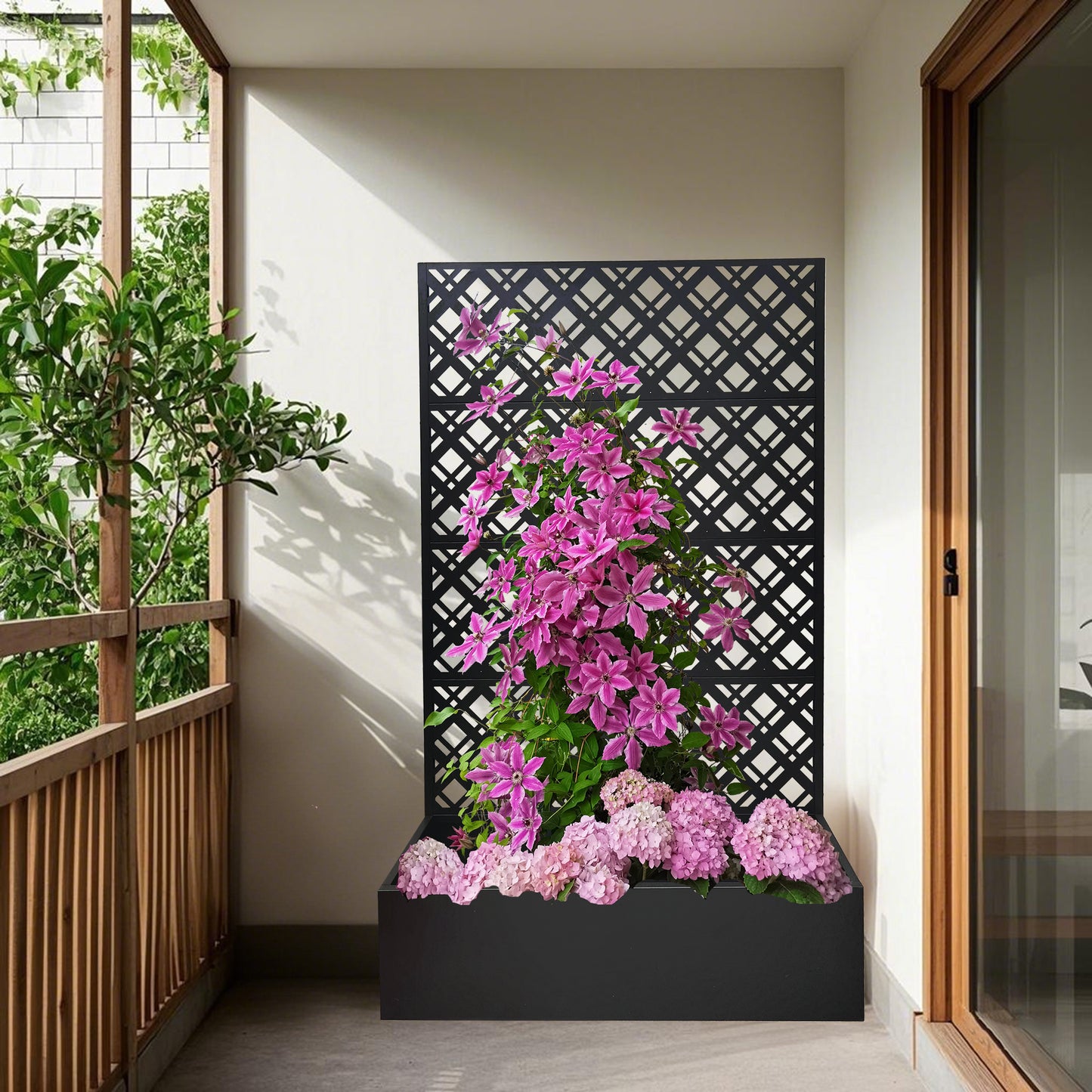 Metal Planter Raised Garden Bed with Trellis 70.9in H x 43.3in W x 15.8in D - Garden Box for Climbing Plants Flowers Vegetable with Drainage Holes, Rhombus Black image 2