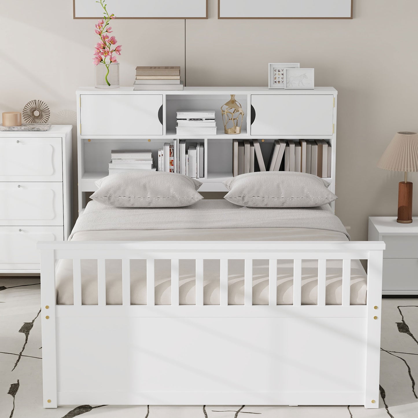 Full Size Captain Platform Bed Frame with Storage Bookcases and Shelves,Four Drawers,White image 4