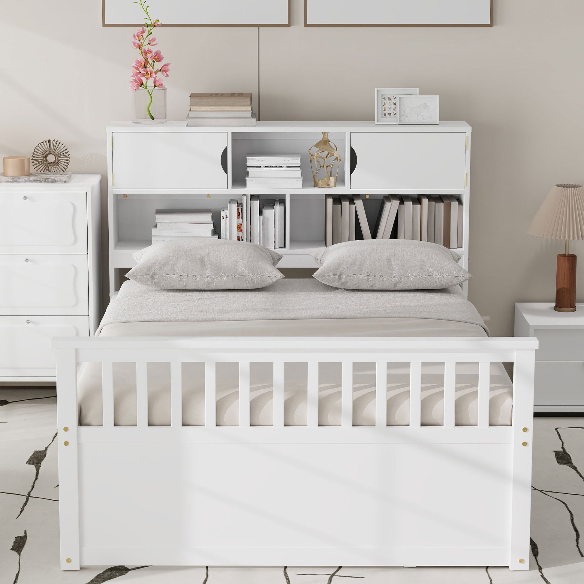 Full Size Captain Platform Bed Frame with Storage Bookcases and Shelves,Four Drawers,White image 4