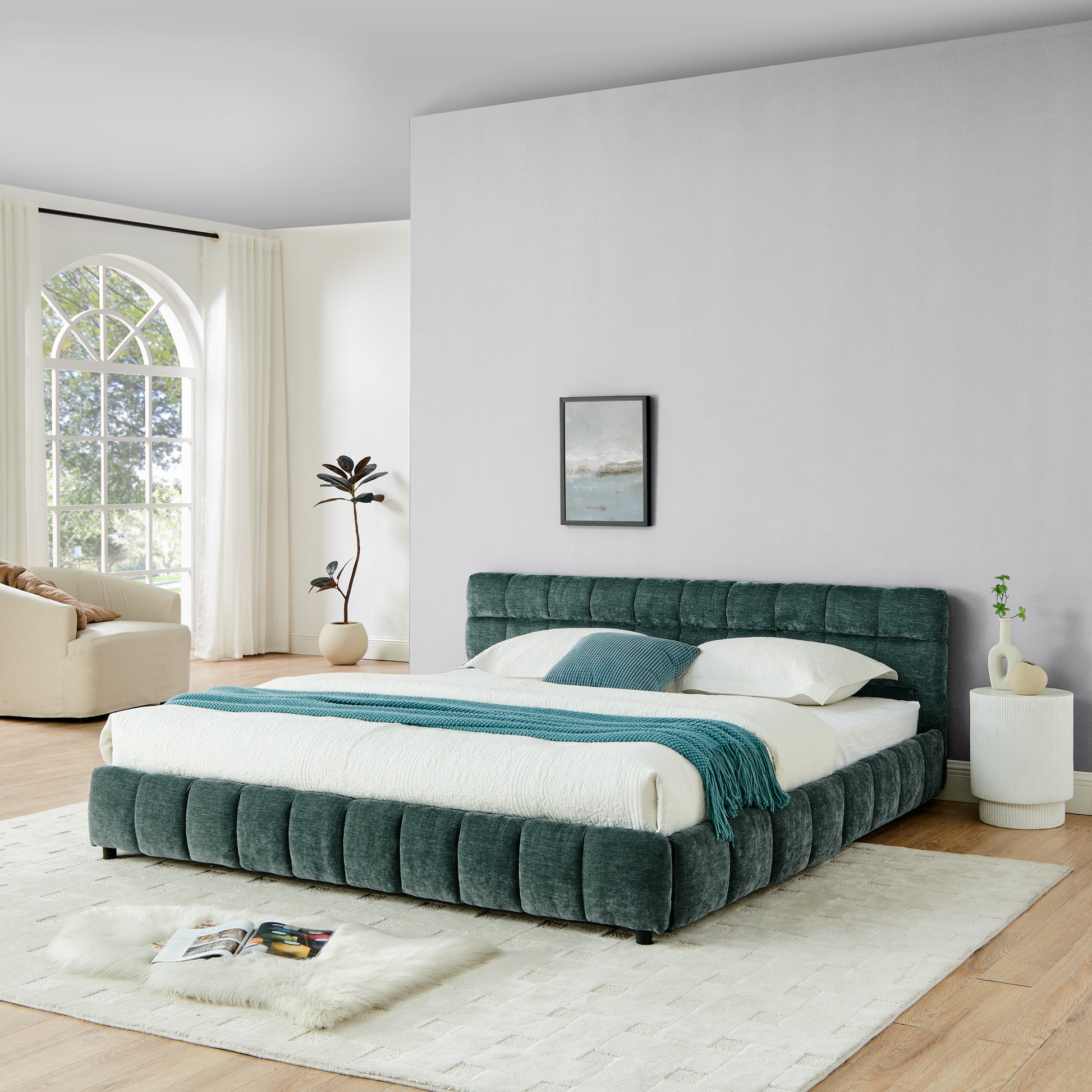 King Size Upholstered Bed,comfortable upholstered bed frame, Chenille fabric, with headboard and solid bed frame. With drawer for storage-green(88.5''*85.5''*31'') image 4