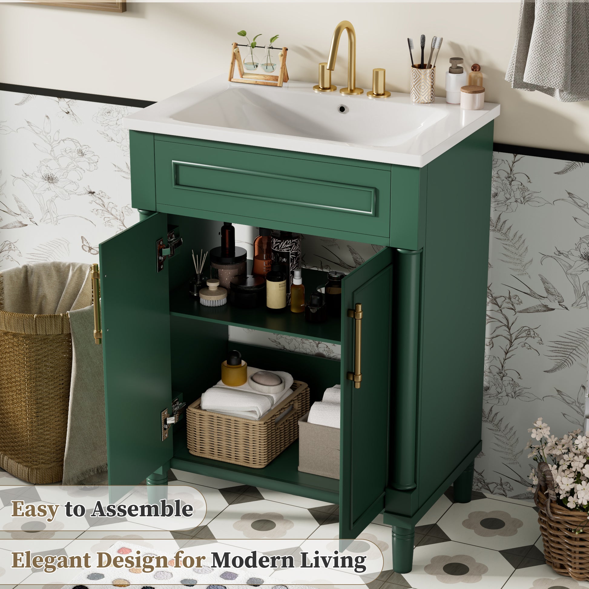 24" Bathroom Vanity with Integrated Ceramic Sink, Bathroom Cabinet with 2 Doors, Single Sink Bathroom Vanity for Small and Medium Restroom image 7