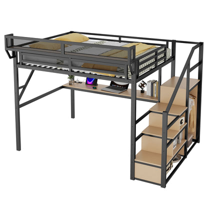 Queen Loft Bed with Desk and Charging Station, Queen Size Metal Loft Bed with Stairs and Light for Kids Teens, Black, Patent Products(OldSKU W2580S00044) image 10