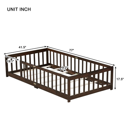 Twin Size Floor Bed with Fence without Door, Rubber Wood Floor Bed with Safety Guardrails,Espresso (Old Sku W504P286398) image 9