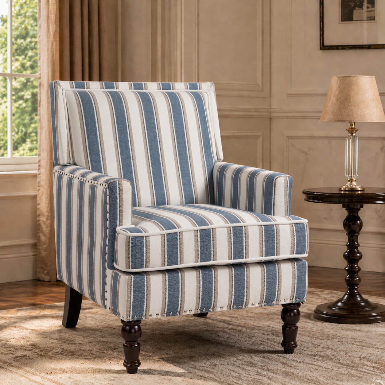 Upholstered Accent Chair, Vintage Armchair with Blue and White Striped Linen Fabric and Nailhead Trim for Living Room image 1